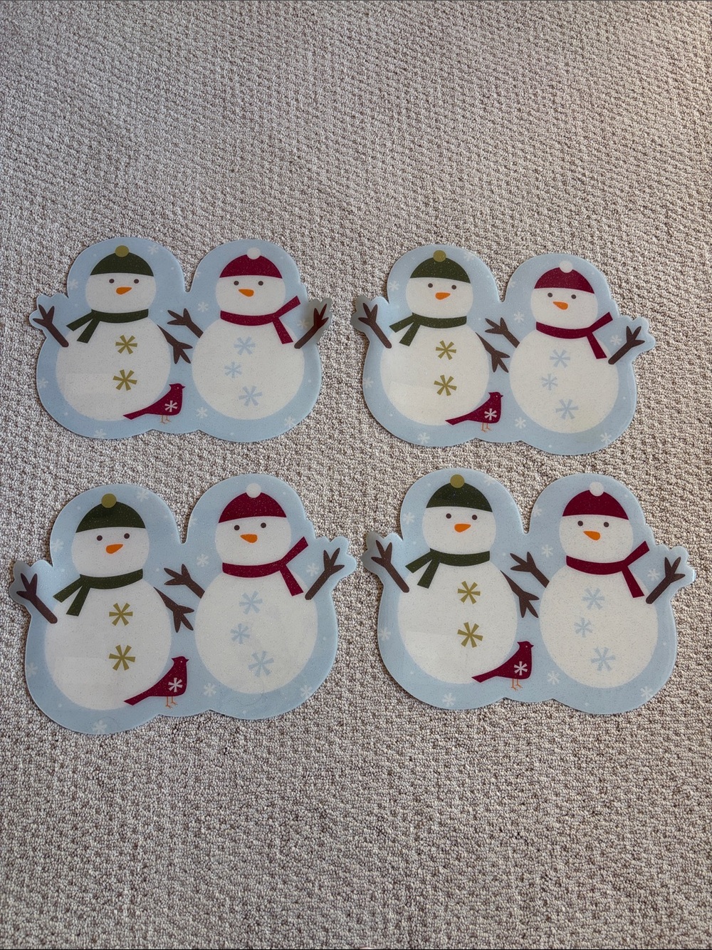 Set of 4 Double Snowman Placemats – Blue Background with Red & Green Accents